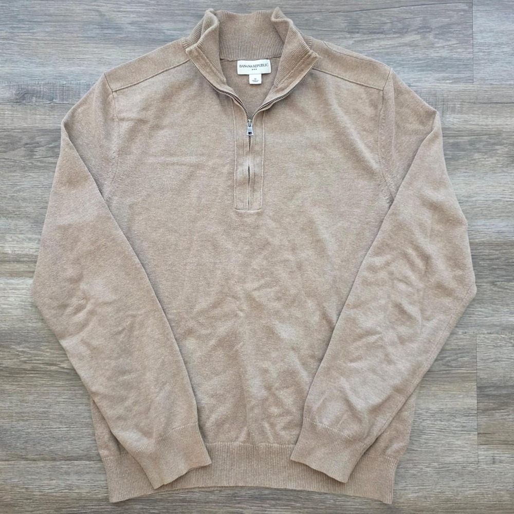 Banana Republic Mens Tan Quarter Zip Cotton Knit Pullover Sweater Medium